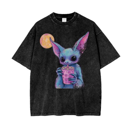 Long Eared UV Pastel Chibi Goth Boba Tea Bat Full Moon Lavender Pink Goblincore Cottagecore Acid Wash Boyfriend Fit Oversize T-Shirt - 250 G