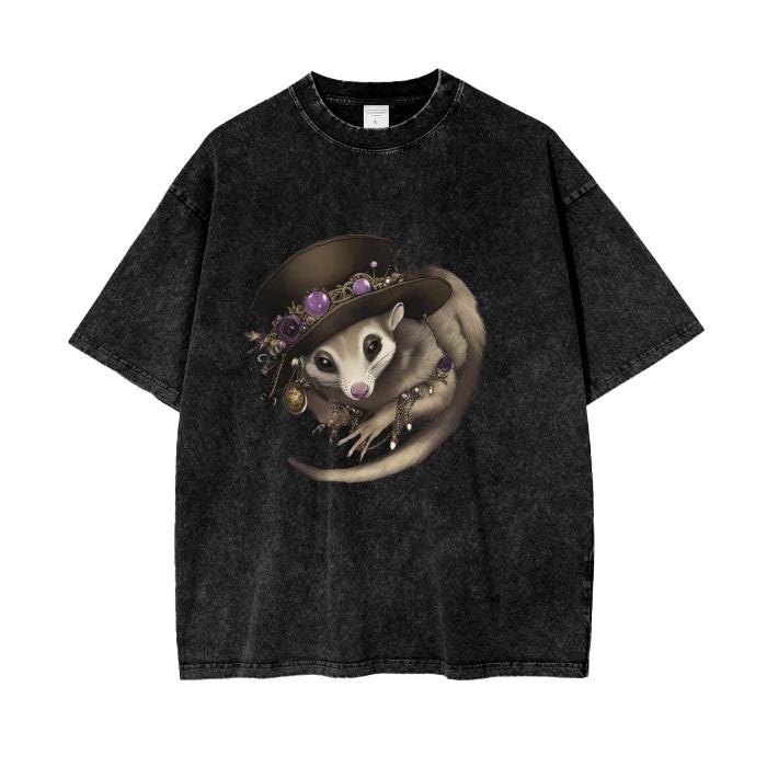 Opossum Tarot Top Hat Gypsy Seer Boyfriend Fit Acid Wash Oversize T-Shirt - 250 GSM