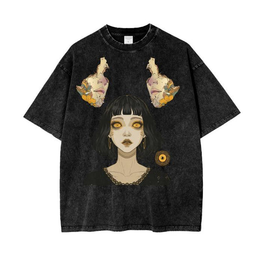 Rustic Anime Retro Nouveau Witches Horror Mask Premonition Grunge Punk Brutalism Boyfriend Fit Acid Wash Oversize T-Shirt - 250 GSM