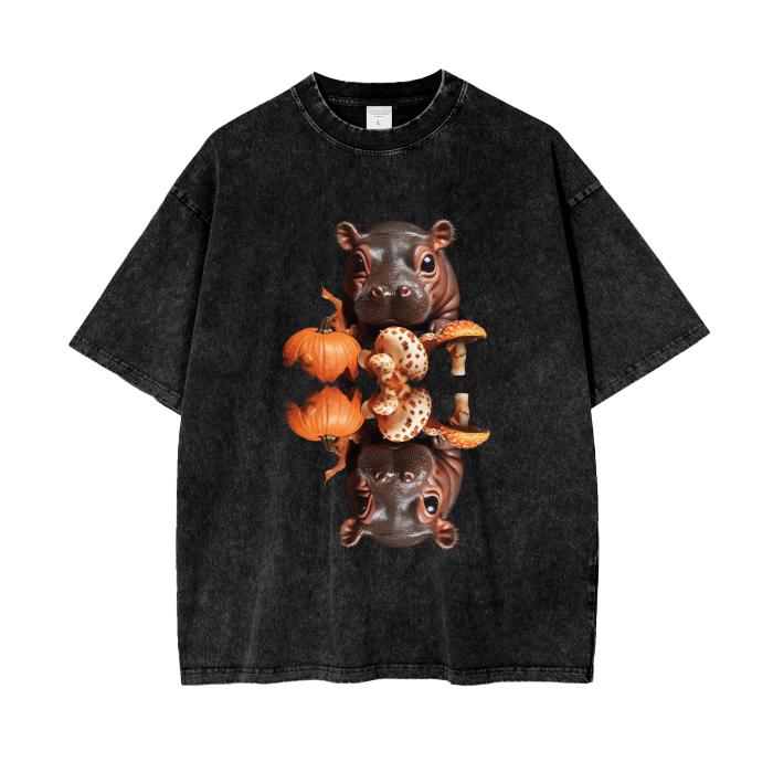 Baby Pygmy Hippo Apporaches Behind Fall Pumpkin Mushroom Reflection Lake Woods Boyfriend Fit Streetwear Grunge Punk Acid Wash Oversize T-Shi