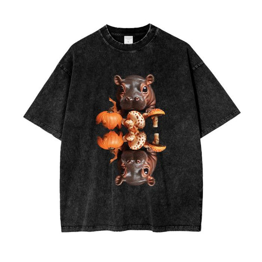 Baby Pygmy Hippo Apporaches Behind Fall Pumpkin Mushroom Reflection Lake Woods Boyfriend Fit Streetwear Grunge Punk Acid Wash Oversize T-Shi