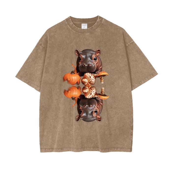 Baby Pygmy Hippo Apporaches Behind Fall Pumpkin Mushroom Reflection Lake Woods Boyfriend Fit Streetwear Grunge Punk Acid Wash Oversize T-Shi