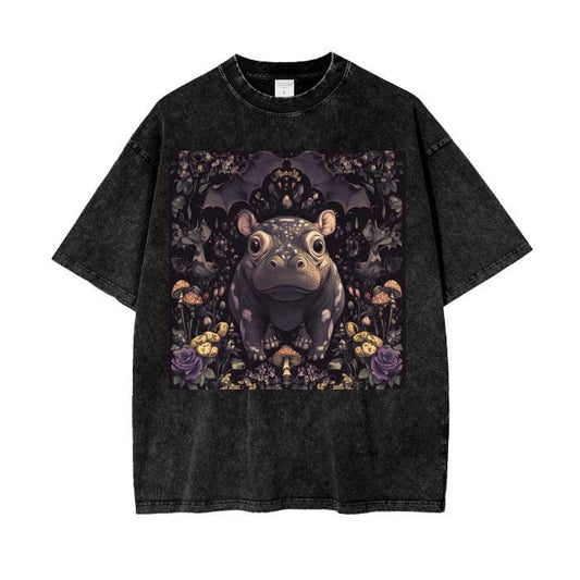 Leave Black Rose Moo Deng Baby Pygmy Hippo Spotted Mushroom Cottagecore Acid Wash Boyfriend Fit Grunge Punk Goth Oversize T-Shirt - 250 GSM