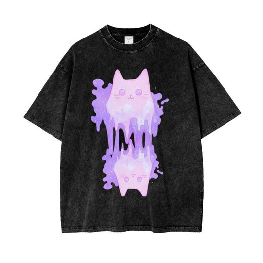 Pastel Purple Pink Cat Ghost Shimmer Glitter Slime Goo Drip Pastel Goth Ink Cloud Drip Boyfriend Fit Acid Wash Oversize T-Shirt - 250 GSM