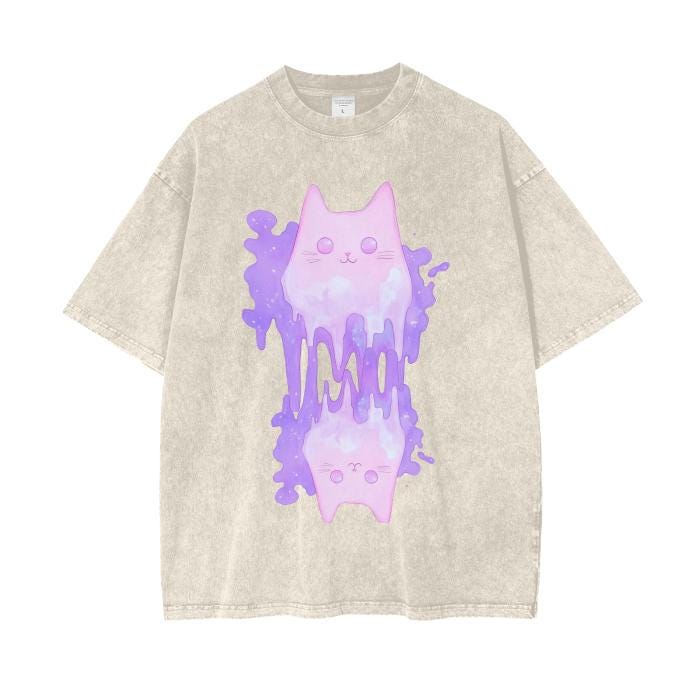 Pastel Purple Pink Cat Ghost Shimmer Glitter Slime Goo Drip Pastel Goth Ink Cloud Drip Boyfriend Fit Acid Wash Oversize T-Shirt - 250 GSM
