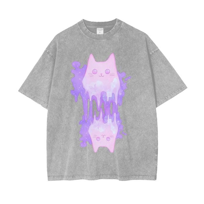 Pastel Purple Pink Cat Ghost Shimmer Glitter Slime Goo Drip Pastel Goth Ink Cloud Drip Boyfriend Fit Acid Wash Oversize T-Shirt - 250 GSM