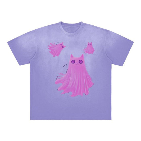 Pastel UV Neon Pink Floating Foggy Cat Ghost Grunge Punk Goth Halloween Rave Boyfriend FIt Vintage Washed Shoulder & Body White Gradient on