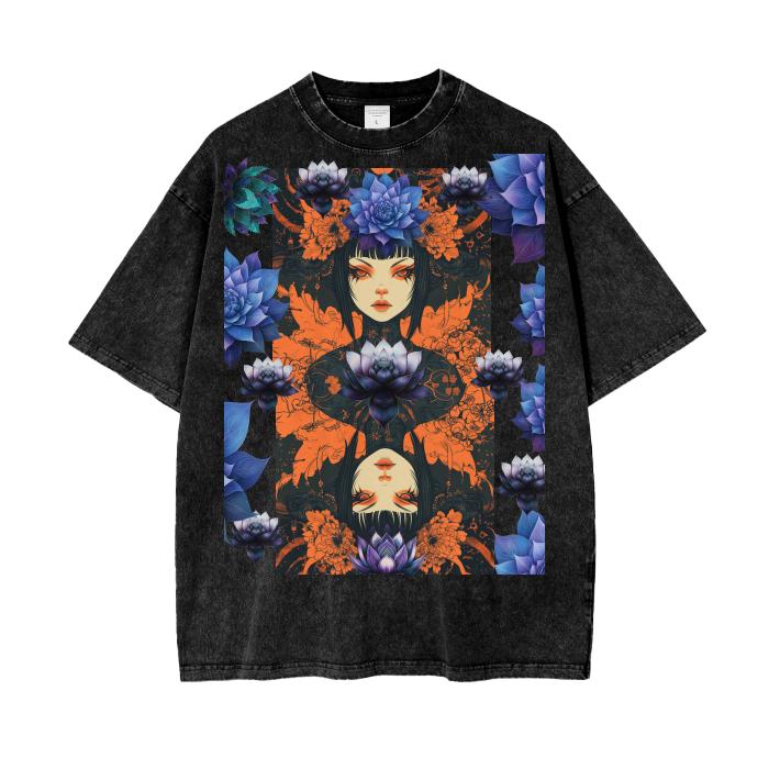 Asian Anime Rustic Grunge Blue Lotus Floral Reflective Psychedelia Horror Smoke Goddess Boyfriend Fit Punk Goth Acid Wash Oversize T-Shirt -