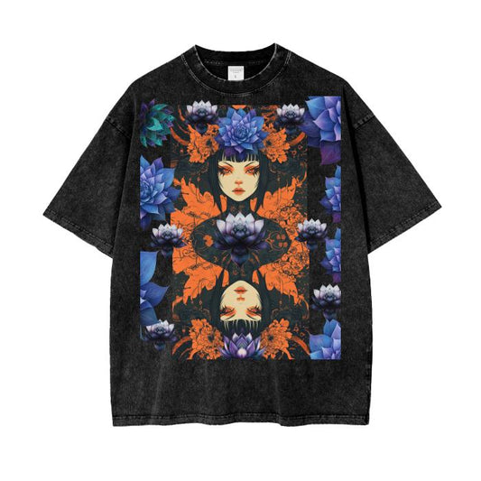 Asian Anime Rustic Grunge Blue Lotus Floral Reflective Psychedelia Horror Smoke Goddess Boyfriend Fit Punk Goth Acid Wash Oversize T-Shirt -