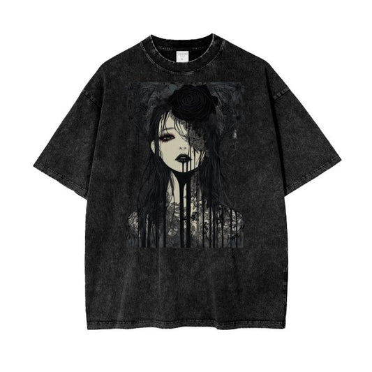 Dark Gothic Anime AcidWash Tee  Rose Drip Graphic Oversized Unisex TShirt