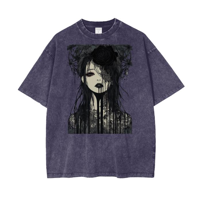 Dark Gothic Anime AcidWash Tee  Rose Drip Graphic Oversized Unisex TShirt