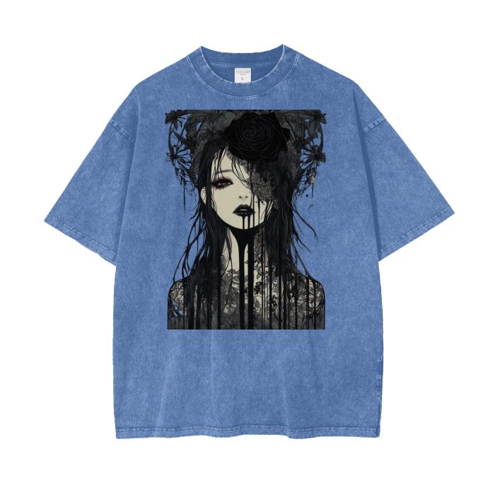 Dark Gothic Anime AcidWash Tee  Rose Drip Graphic Oversized Unisex TShirt