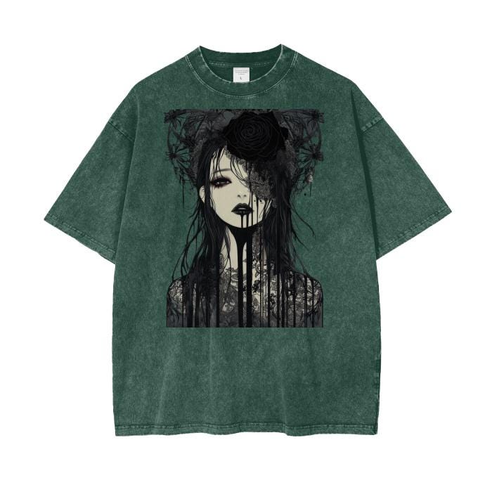 Dark Gothic Anime AcidWash Tee  Rose Drip Graphic Oversized Unisex TShirt