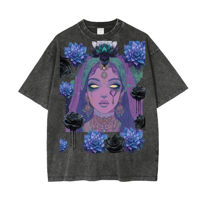 Eastern Pastel Purple Tarot Ghost Psychic Nouveau Sari Indian Lotus Rose Ink Drip Goth Grunge Boyfriend Fit Acid Wash Oversize T-Shirt - 250