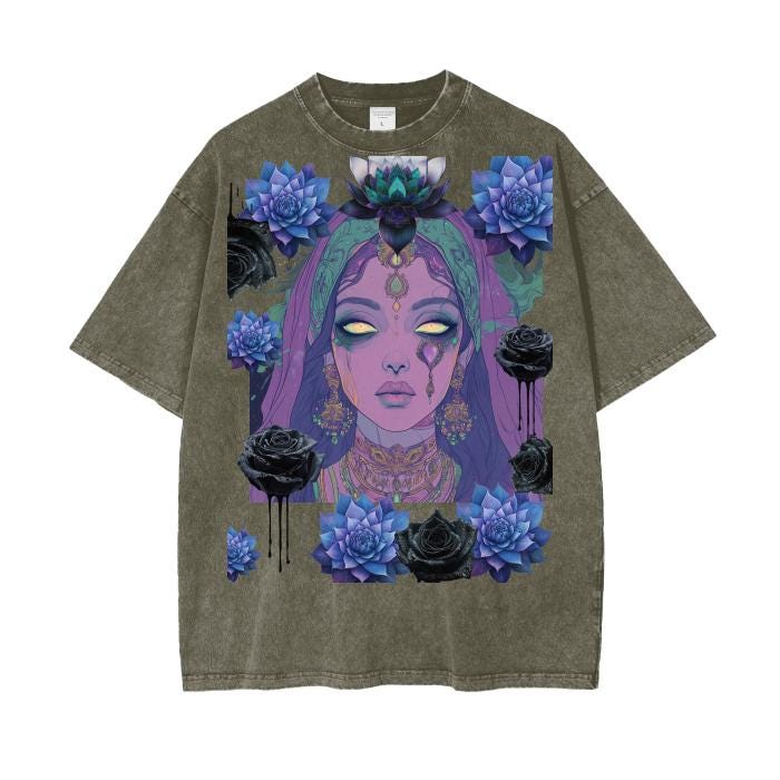 Eastern Pastel Purple Tarot Ghost Psychic Nouveau Sari Indian Lotus Rose Ink Drip Goth Grunge Boyfriend Fit Acid Wash Oversize T-Shirt - 250
