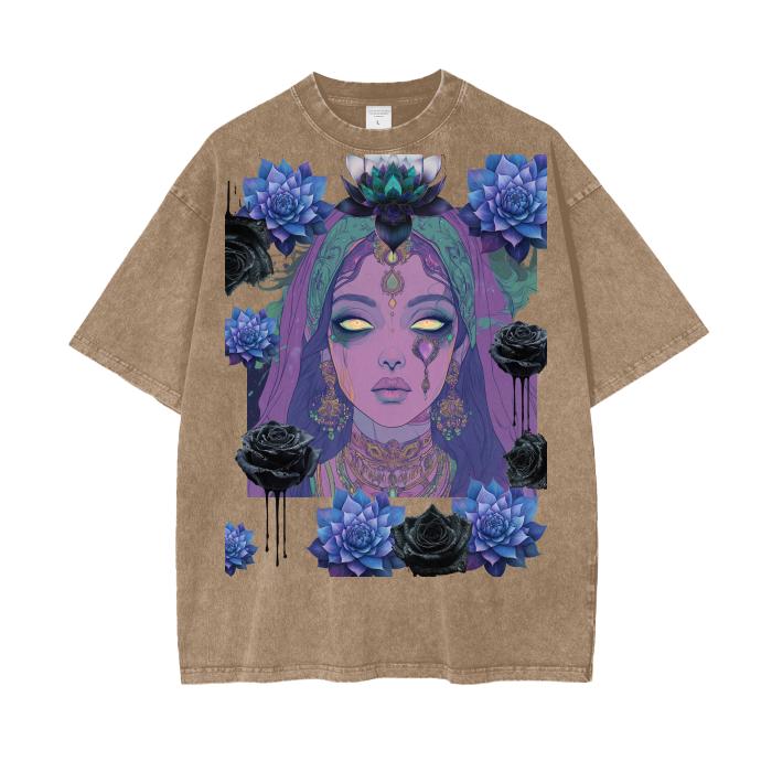 Eastern Pastel Purple Tarot Ghost Psychic Nouveau Sari Indian Lotus Rose Ink Drip Goth Grunge Boyfriend Fit Acid Wash Oversize T-Shirt - 250