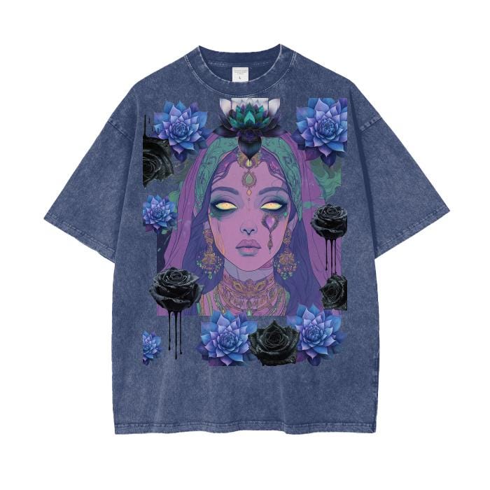 Eastern Pastel Purple Tarot Ghost Psychic Nouveau Sari Indian Lotus Rose Ink Drip Goth Grunge Boyfriend Fit Acid Wash Oversize T-Shirt - 250