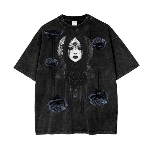 Black Rose Ink Drip Fractal Gothic Renassiance Anime Metal Lady Grunge Punk Boyfriend Fit Punk Acid Wash Oversize T-Shirt - 250 GSM