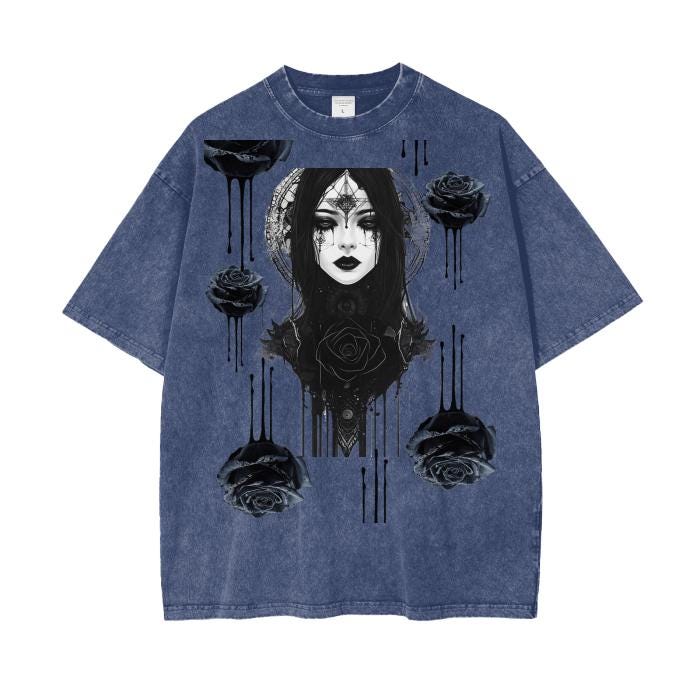 Black Rose Ink Drip Fractal Gothic Renassiance Anime Metal Lady Grunge Punk Boyfriend Fit Punk Acid Wash Oversize T-Shirt - 250 GSM