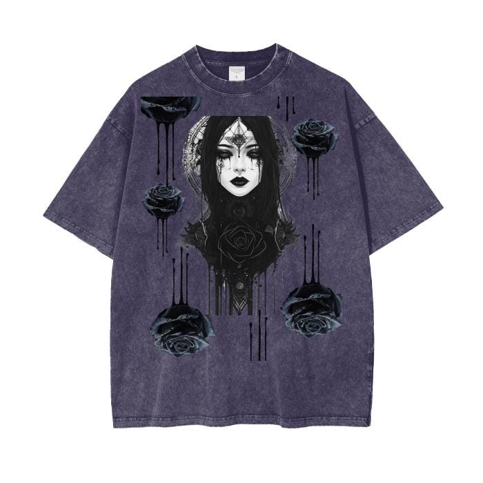 Black Rose Ink Drip Fractal Gothic Renassiance Anime Metal Lady Grunge Punk Boyfriend Fit Punk Acid Wash Oversize T-Shirt - 250 GSM