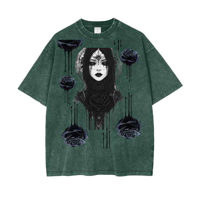 Black Rose Ink Drip Fractal Gothic Renassiance Anime Metal Lady Grunge Punk Boyfriend Fit Punk Acid Wash Oversize T-Shirt - 250 GSM