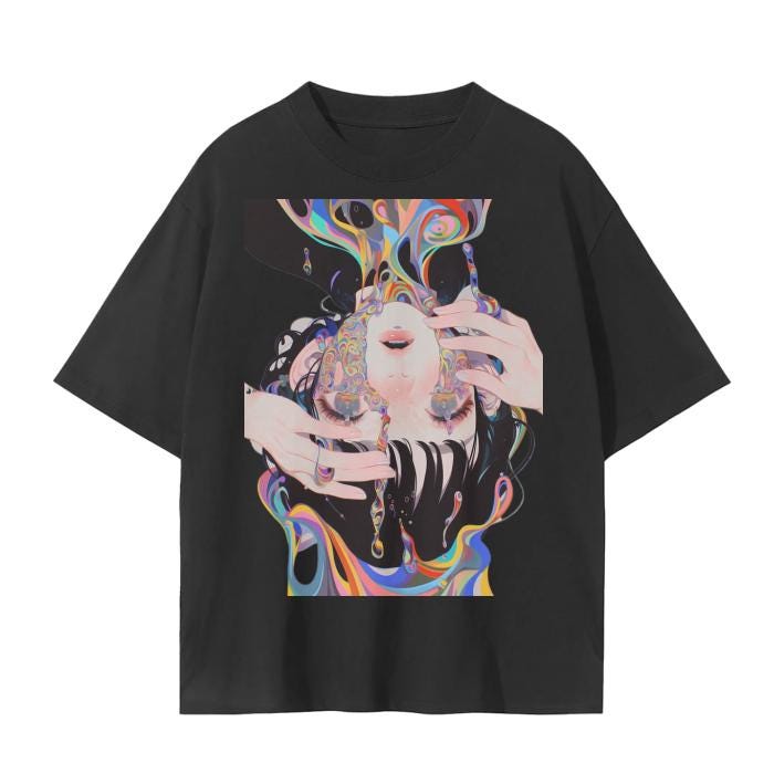 Anime Reflective Emotion Pastel Core Water Puddle Rainbow Oil Ink Drip Grunge Punk Unisex Seamless T-Shirt