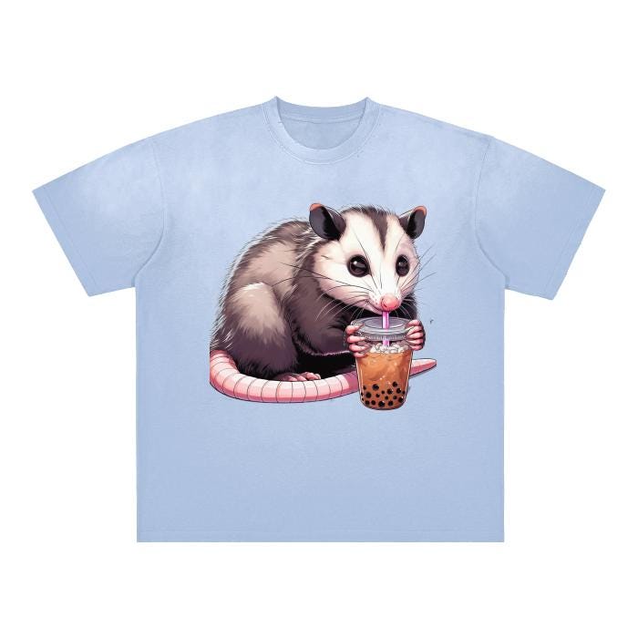 Lavender Purple Boba Tea Coiled Opossum Vintage Oversized Boyfriend Washed Shoulder & Body White Gradient on Aged Frayed T-Shirt -