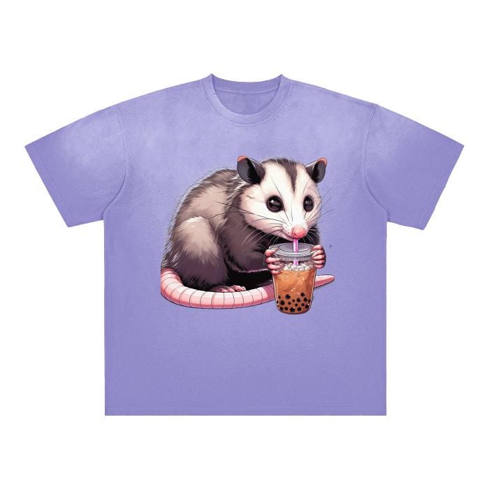 Lavender Purple Boba Tea Coiled Opossum Vintage Oversized Boyfriend Washed Shoulder & Body White Gradient on Aged Frayed T-Shirt -