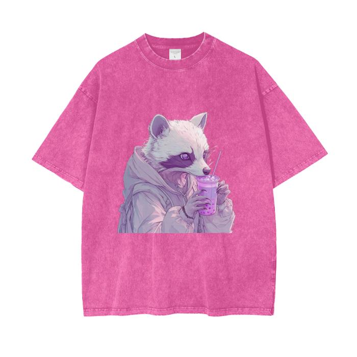 Pastel Pink Lavender Racoon Rainy Day Grunge Punk Anime Boba Tea Boyfriend fit Acid Wash Oversize T-Shirt - 250 GSM