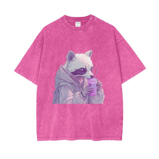 Pastel Pink Lavender Racoon Rainy Day Grunge Punk Anime Boba Tea Boyfriend fit Acid Wash Oversize T-Shirt - 250 GSM