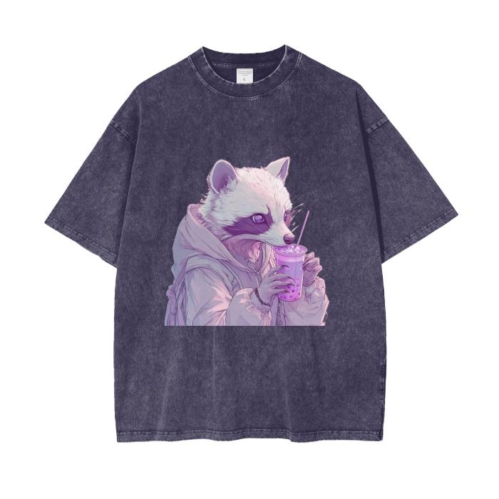 Pastel Pink Lavender Racoon Rainy Day Grunge Punk Anime Boba Tea Boyfriend fit Acid Wash Oversize T-Shirt - 250 GSM