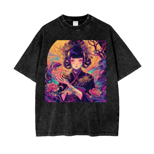 Yellow Purple Floral Kimono Yellow Moon light Screen Avant Asian Anime Unisex Tee Acid Wash Oversize T-Shirt