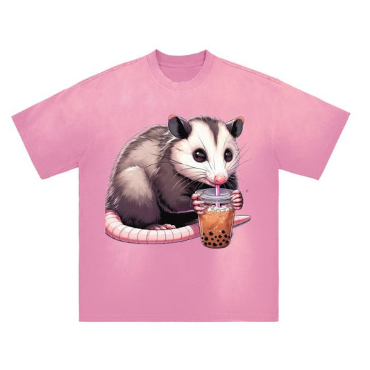 Pastel Pink Boba Tea Coiled Opposum Cottagecore Monkey Washed Distressed Boyfriend Oversized Boho Drop Shoulder Crew Neck T-Shirt