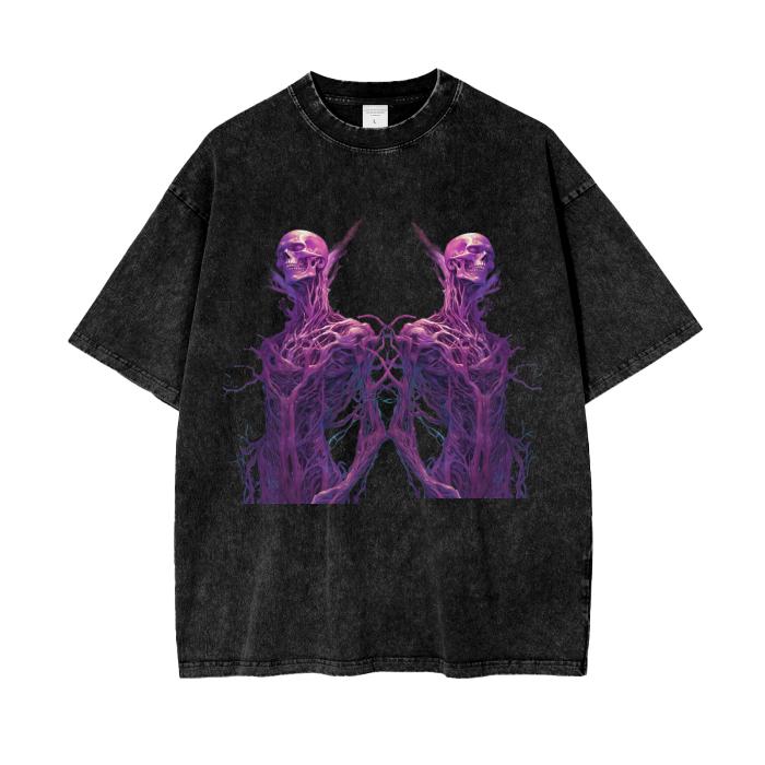 Magenta Neural Alien Psychedelic Reflection Grunge Post Punk Futuristic FestivalAcid Wash Oversize T-Shirt - 250 GSM