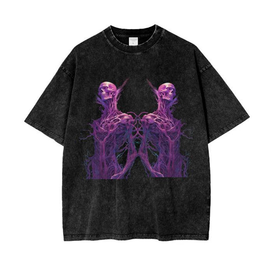 Magenta Neural Alien Psychedelic Reflection Grunge Post Punk Futuristic FestivalAcid Wash Oversize T-Shirt - 250 GSM