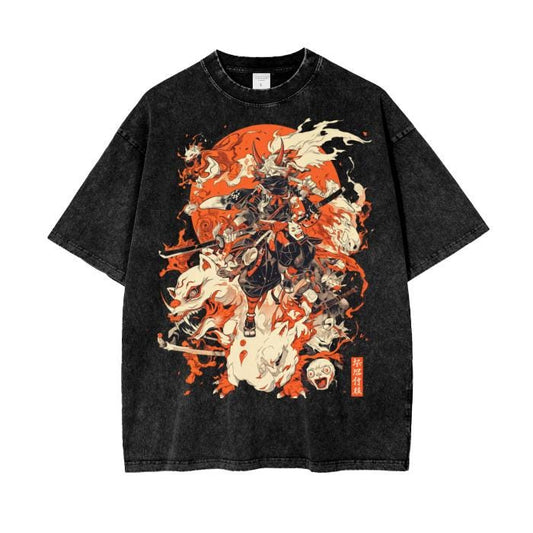 Fox Yokai Samurai Tee - Red Moon Ghost Oversized Unisex Shirt - Acid Wash Boyfriend Fit