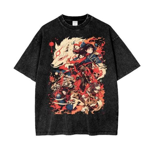 Fox Story Yokai Japan Lady Spirit Scroll Page Anime Grunge Boyfriend Fit Acid Wash Oversize T-Shirt