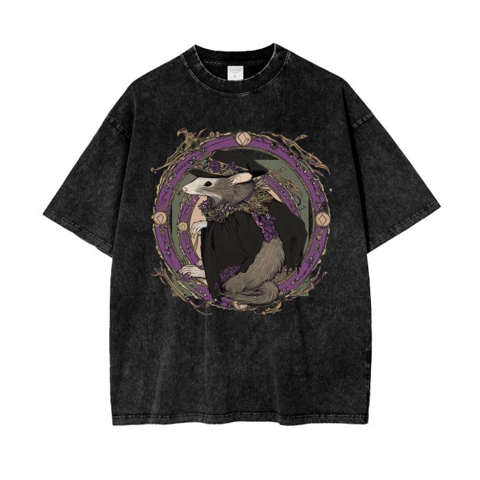 Opossum Orleans Art Nouveau Purple Floral Street Witch Docter Boyfriend Fit Acid Wash Oversize T-Shirt -