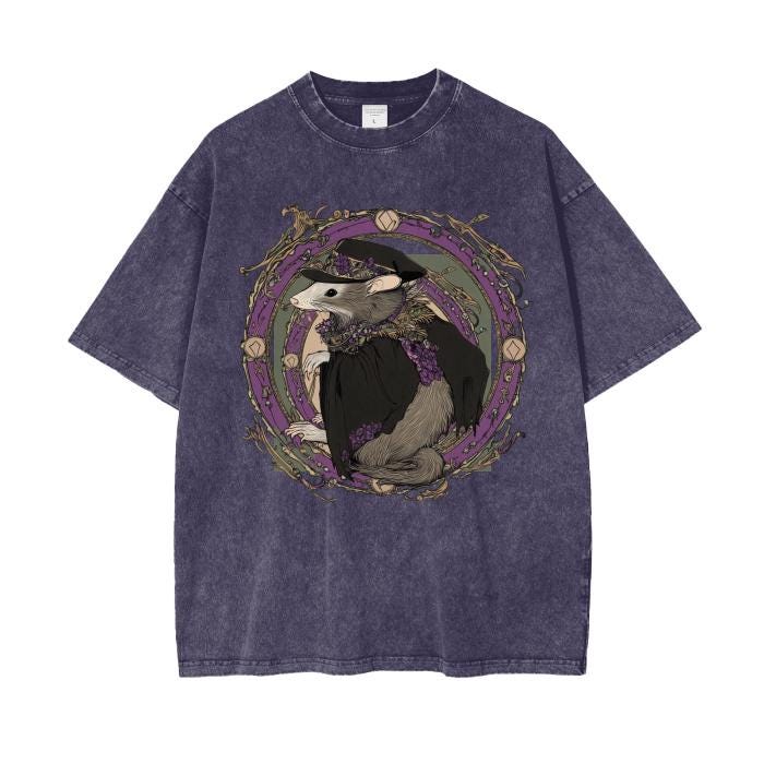 Opossum Orleans Art Nouveau Purple Floral Street Witch Docter Boyfriend Fit Acid Wash Oversize T-Shirt -