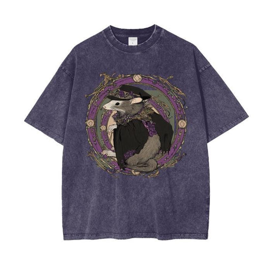 Opossum Orleans Art Nouveau Purple Floral Street Witch Docter Boyfriend Fit Acid Wash Oversize T-Shirt -