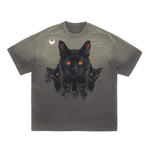 Rustic Punk Black Cat Red Eyed Ghost Yokai Entity Witchycore Boyfriend Fit Distressed Vintage Washed Tiger Stripes Dyed Gradient T-Shirt - 2