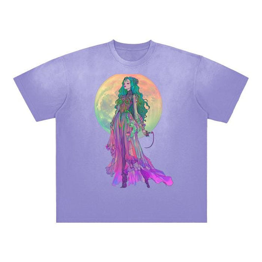 Emerald Green Art Nouveau Anime Pastel Flowy Ombre Moon Witch Goddess Boyfriend Fit Grunge Witchycore Vintage Washed Shoulder & Body White G