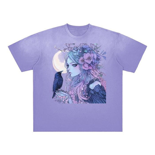 lilac Lavender Anime Floral Witch Crow Moon Harvest Witchy Goddess Boyfriend Fit Vintage Washed Shoulder & Body White Gradient on Aged Fraye
