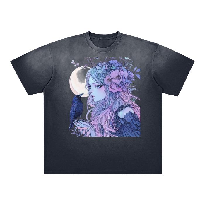 lilac Lavender Anime Floral Witch Crow Moon Harvest Witchy Goddess Boyfriend Fit Vintage Washed Shoulder & Body White Gradient on Aged Fraye