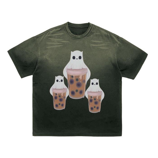 Rustic Anime Chibi Ghost Boba Cat Capuchino Grunge Punk Pastel Goth Witchycore Cottagecore Boyfriend Fit Vintage Washed Tiger Stripes Dyed G