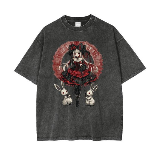 Gothic Red and Black Lace Bow White Long haired Anime Renassiance  Lady Long Eared Bunny Rabbit Grunge Acid Wash Oversize Tee Shirt
