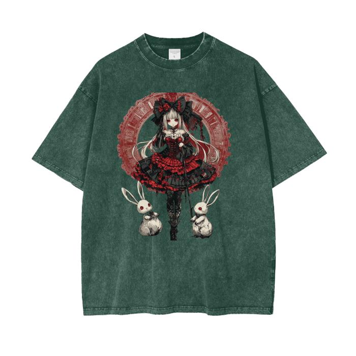 Gothic Red and Black Lace Bow White Long haired Anime Renassiance  Lady Long Eared Bunny Rabbit Grunge Acid Wash Oversize Tee Shirt