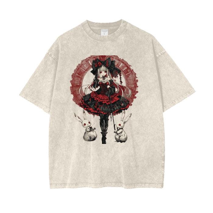 Gothic Red and Black Lace Bow White Long haired Anime Renassiance  Lady Long Eared Bunny Rabbit Grunge Acid Wash Oversize Tee Shirt