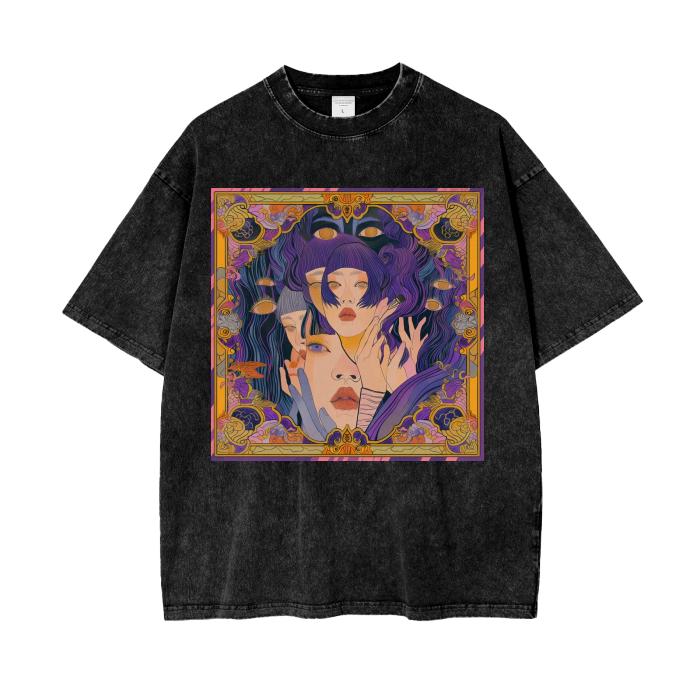 Gold Purple Anime Art Nouveau Hypnotic Kaleidescope Seers Psychedelia Mirage Window Border Oversize Grunge Punk Acid Wash Tee Shirt