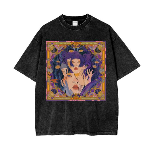 Gold Purple Anime Art Nouveau Hypnotic Kaleidescope Seers Psychedelia Mirage Window Border Oversize Grunge Punk Acid Wash Tee Shirt